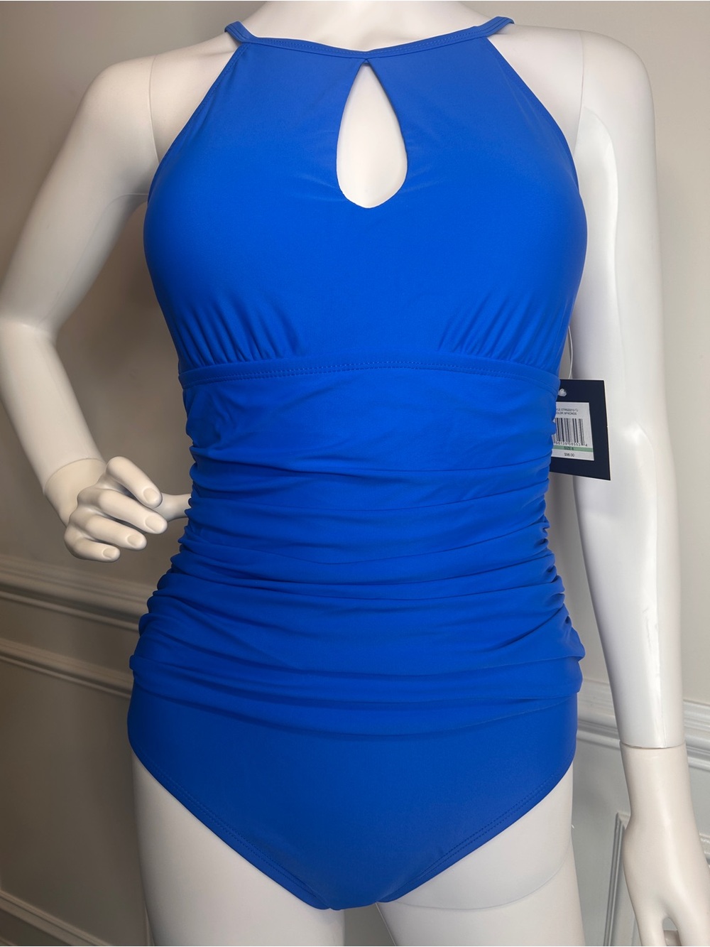 Ellen Tracy One Piece Swimsuit Women Size 8 Blue High Neck Ruched Slimming NWT - Picture 4 of 15